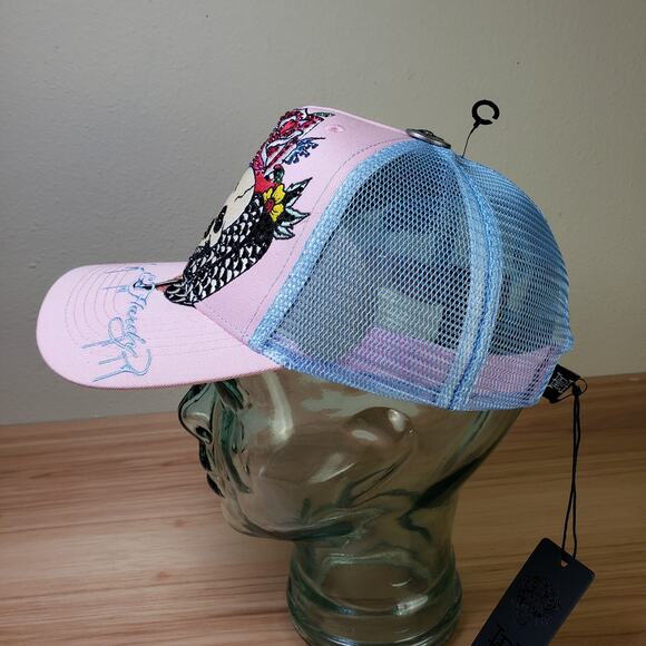 Ed Hardy Women\'s Women\'s Rhinestone‎ Skull Trucker Hat Pastel Pink Blue Mesh Y2K main image 4